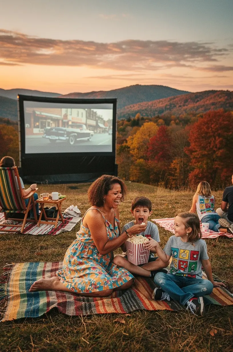 Молодые путешественники слушают местные истории, транслируемые в автокинотеатре, с использованием современного звукового оборудования.