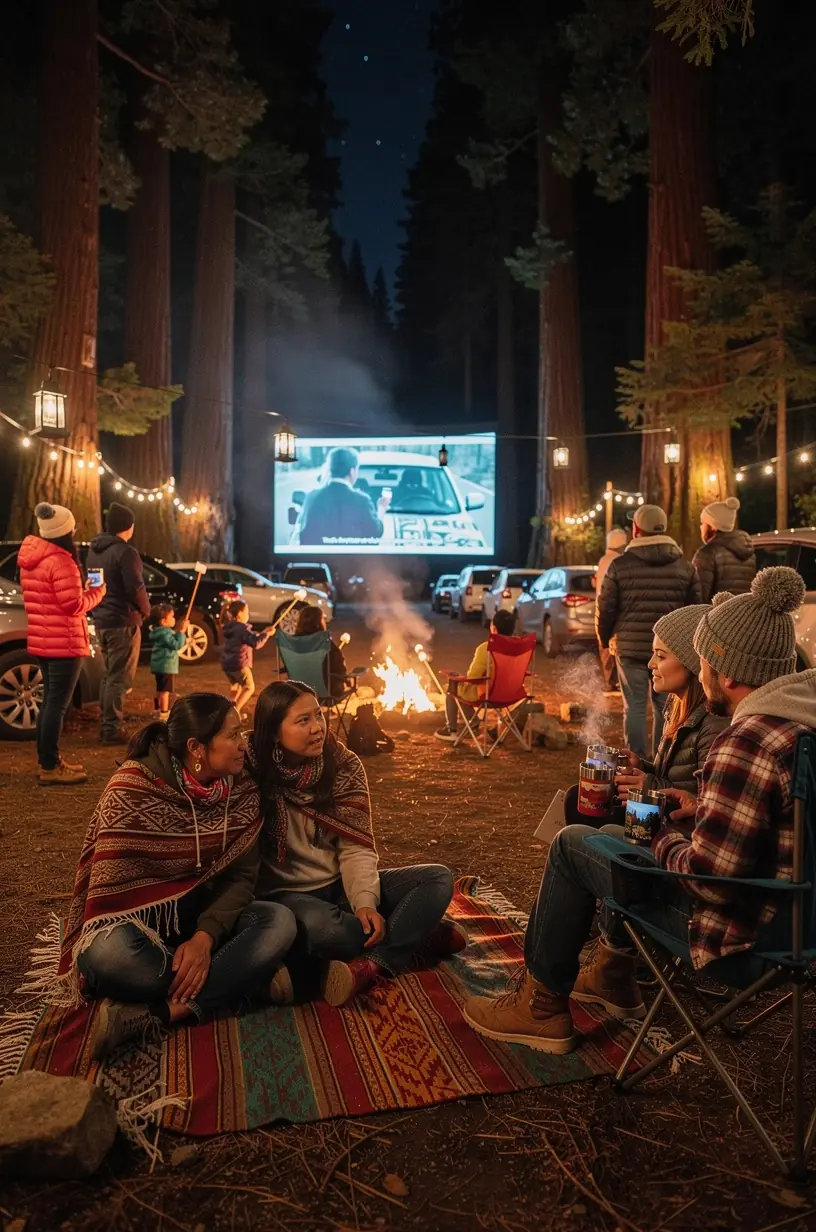 Информационный щит у входа в автокинотеатр с расписанием фильмов и описанием историй региона, привлекающий туристов.