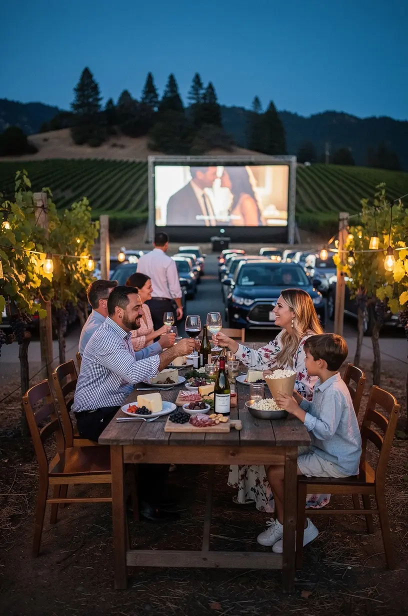 Автомобилисты наслаждаются просмотром фильма на открытом кинотеатре под звездами рядом с живописным туристическим маршрутом.